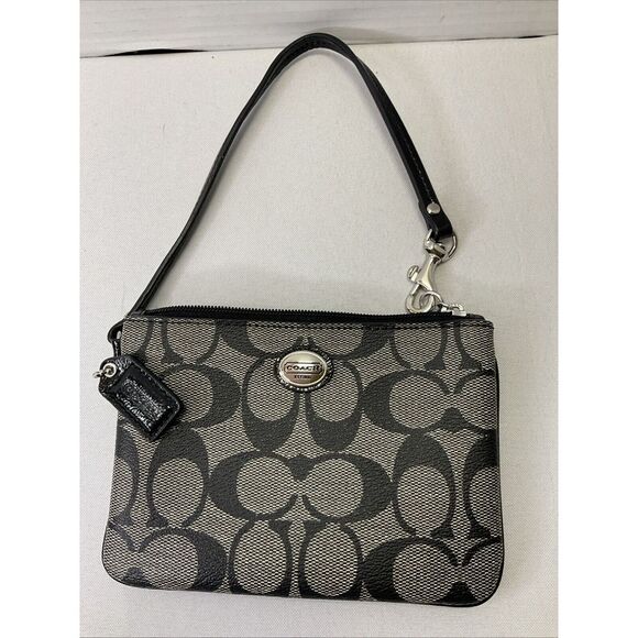 Coach Peyton Signature Small Wristlet Gray‎ and Black w/Strap - Picture 1 of 12